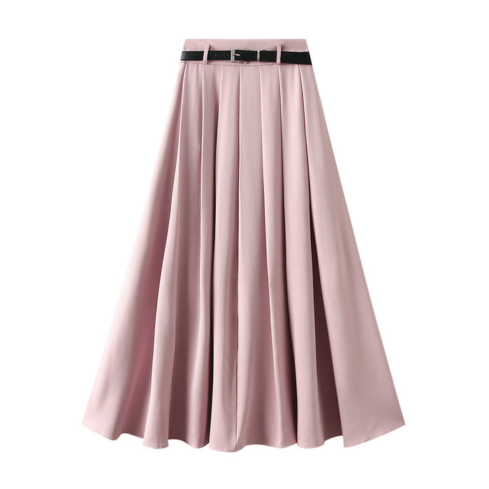 High End Pink Skirt for Women Mid Length Skirt High Waist Slimming Elegant Pleated A line Skirt