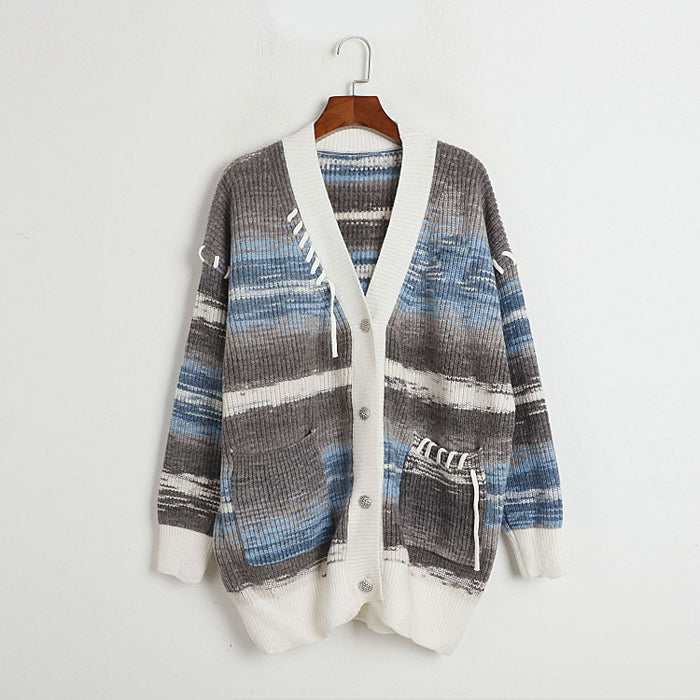 Thickened Sweater Autumn Winter Women Retro Gradient Color Striped Loose Mid Length Rope Brooch V Neck Knitted Cardigan