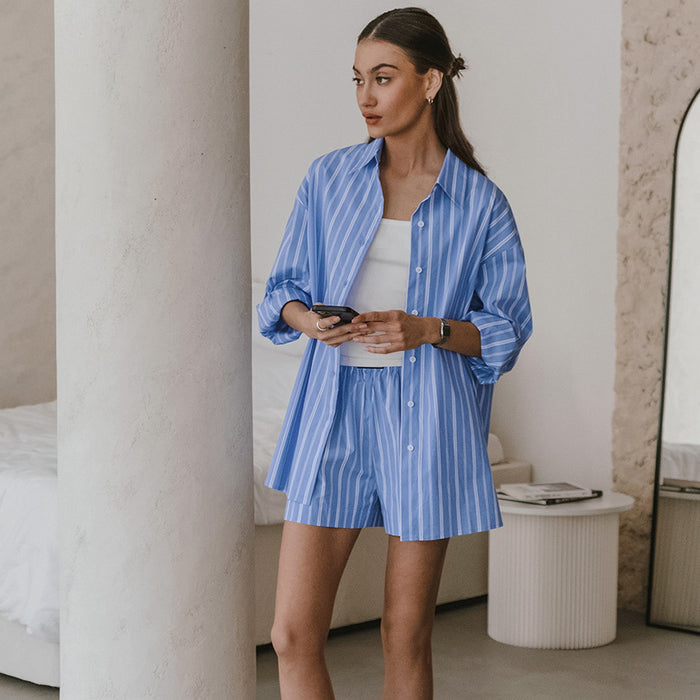 Blue Color Striped Collared Long Sleeved Pants Suit Summer Women   Clothing Two Piece Suit