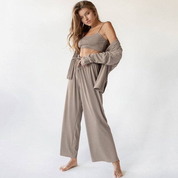 Autumn Knitted French Ice Silk Rib Chest Wrap Underwear Comfortable Women Pajamas Three Piece Home Wear Women