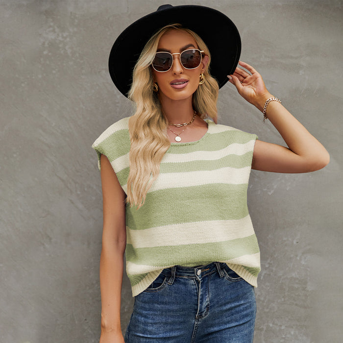 Autumn Winter Women Clothing Striped Color Matching Sweater Loose Fitting Sleeveless Shirt Sweater