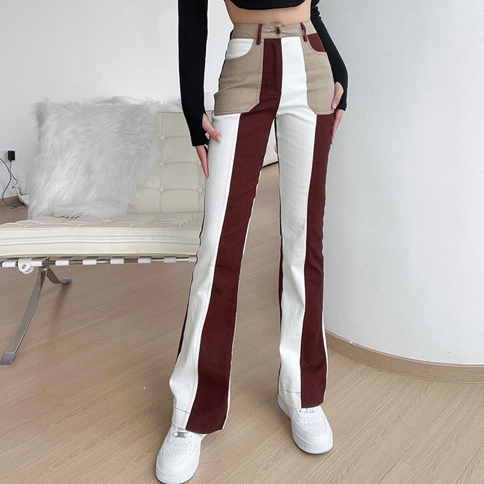 Straight Leg Pants Women Autumn Personal Casual Colorblock All Matching Distressed High Waist Jeans