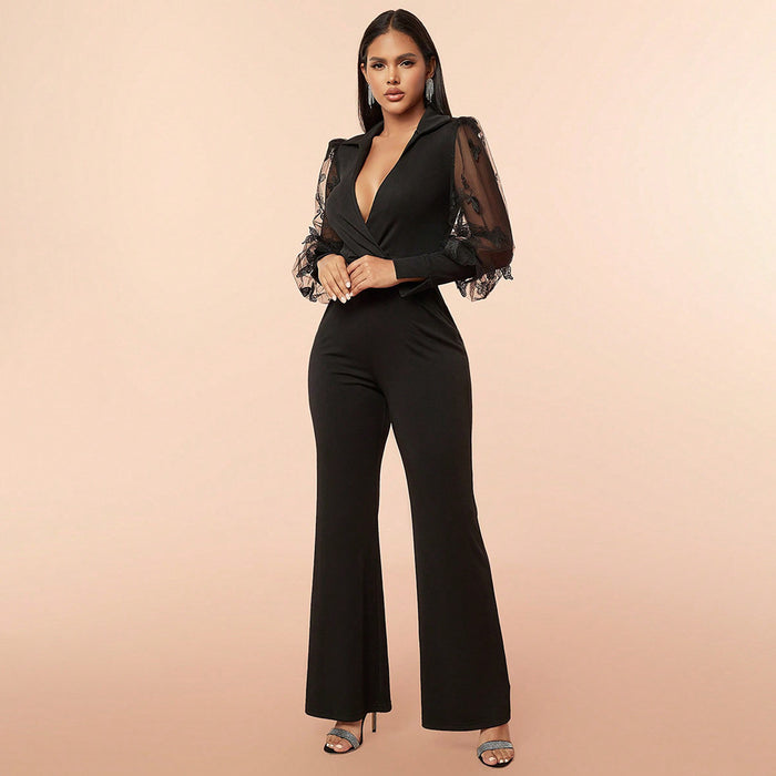 Spring Summer Sexy One Piece Trousers Deep V Plunge Stitching Mesh Slim Fit Jumpsuit