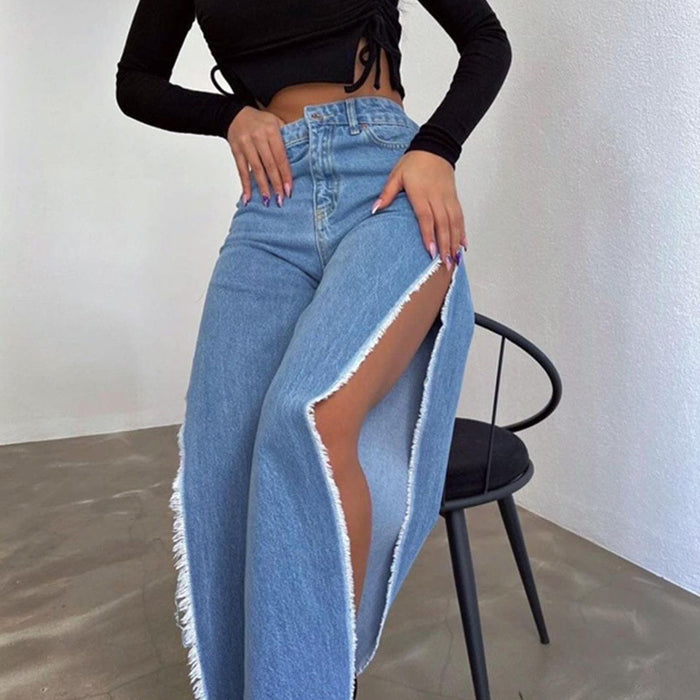 Summer Side Slit High Street Sexy All Matching Jeans Casual Pants