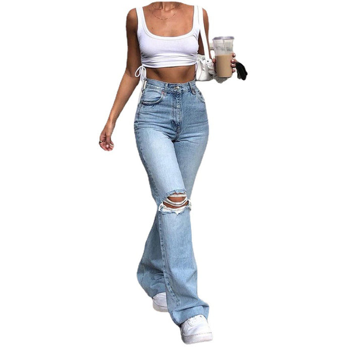 High Waist Retro Stretch Slim Knee Ripped Bell-Bottom Pants Autumn Winter New Jeans Women Trousers