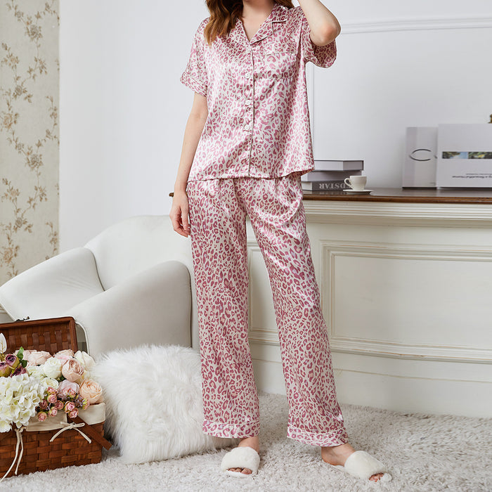 Cardigan Button Ice Silk Pajamas Summer Sexy Short Sleeved Trousers Homewear Suit Casual Leopard Print Pajamas