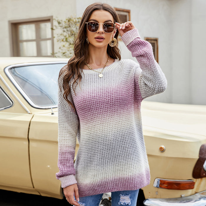 Women Clothing Autumn Winter Long Sleeve Loose Knitted Top Gradient Pullover Sweater for Women