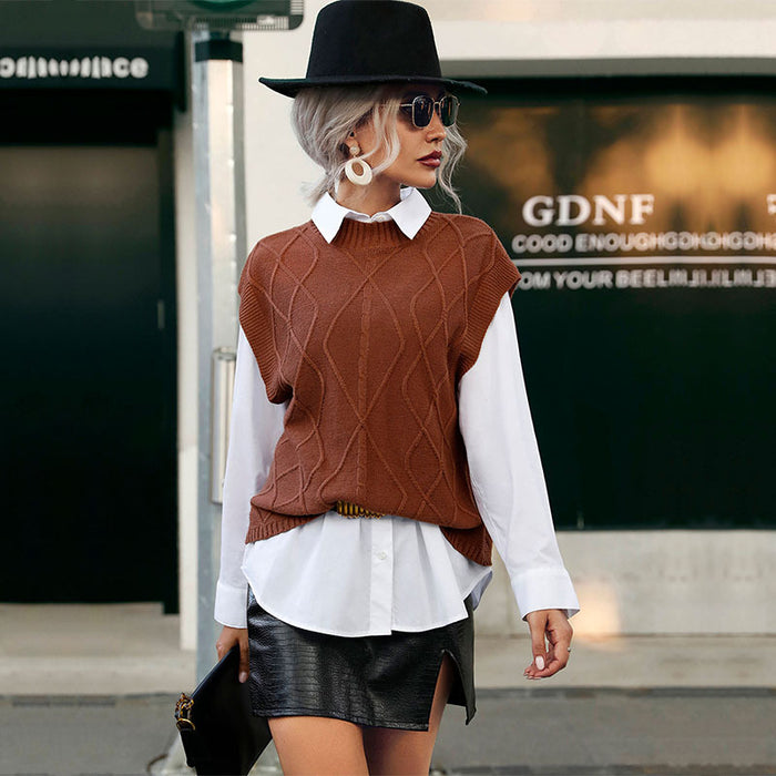 Autumn Winter Women Wear Short Sleeve Solid Color Cable-Knit Sweater Vest Jacket