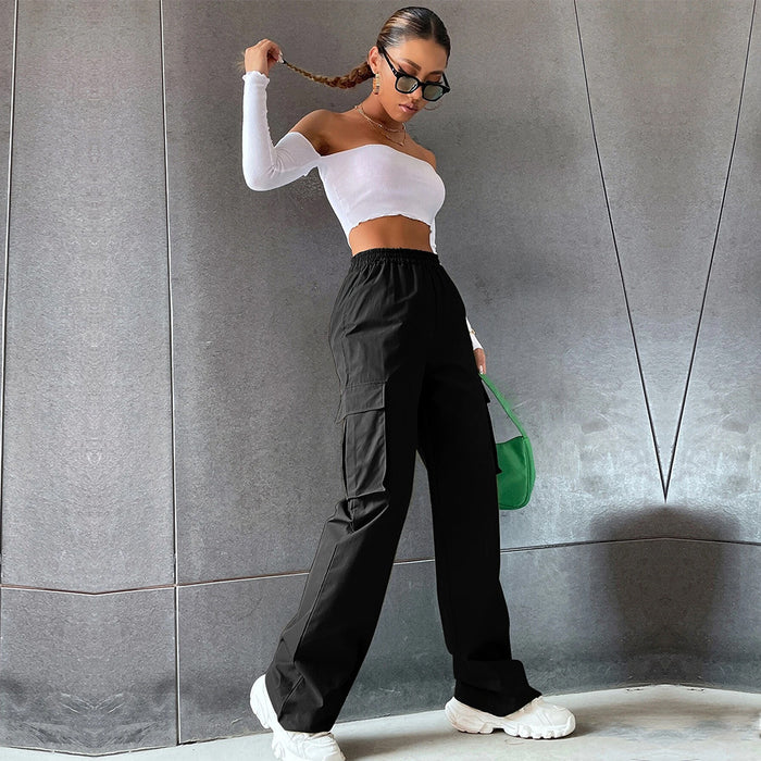 Women  Clothing Street Solid Color Elastic Waist Pocket Casual Working Pants