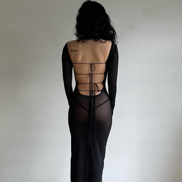 Sexy Mesh Backless Drawstring Patchwork Close Fitting Sexy Mid Length Dress Long Sleeve Dress