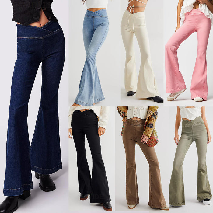 Spring Autumn Irregular Asymmetric Jeans Women High Waist Slim Slim Flare Pants Trousers