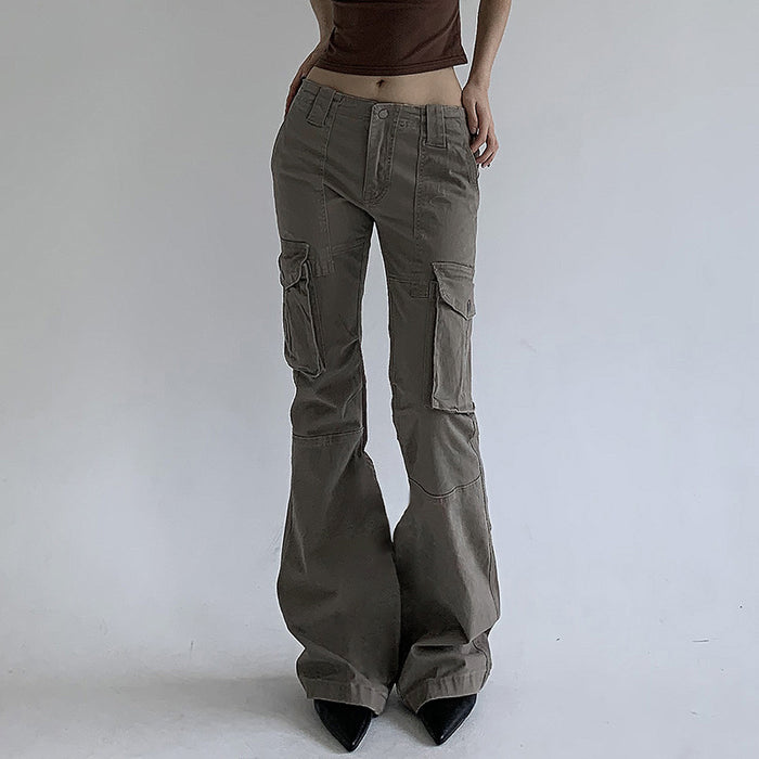 Autumn Winter Fashionable Street Low Waist Bootcut Trousers Lines Split Pocket Patchwork Cargo Pants Trousers