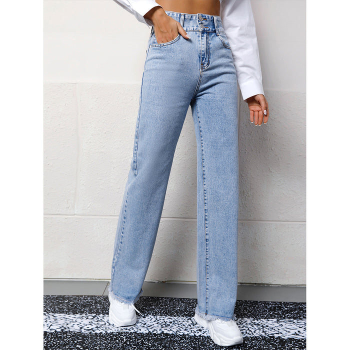 Women Clothing Trend Straight Light Color All Matching High Waist Casual Denim Trousers