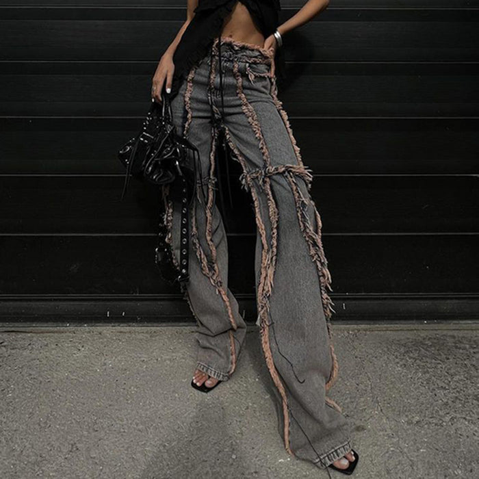 Personalized Frayed Edge Worn Jeans Women Water Blue Loose Drooping Straight Leg Trousers Autumn