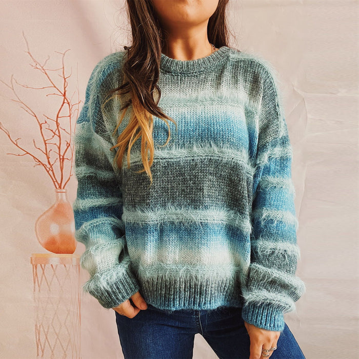 Autumn Winter Loose Gradient Color Striped Imitation Marten Knitted Round Neck Long Sleeve Pullover Sweater for Women