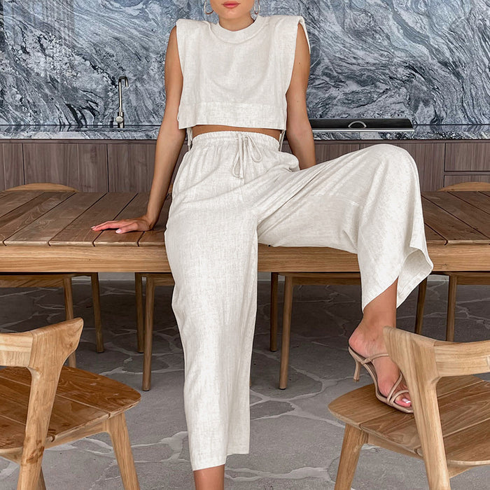 Summer Padded Shoulder Sleeveless Top Trousers Two Piece Set Casual Cotton Linen Suit Women  Clothing