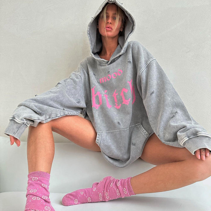 Street Worn Looking Washed-out Broken Letters Printed Hoodie Women Autumn Lazy Loose Pocket Coat