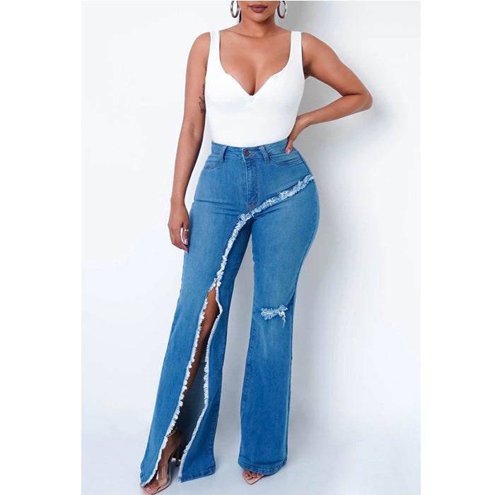 Split Jeans Women Blue Color Worn Trendy High Waist Loose Bootcut Trousers