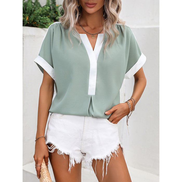 Eaby Shopee Casual Shirt Y Shaped Collar White Green Stitching Short Sleeve Shirt