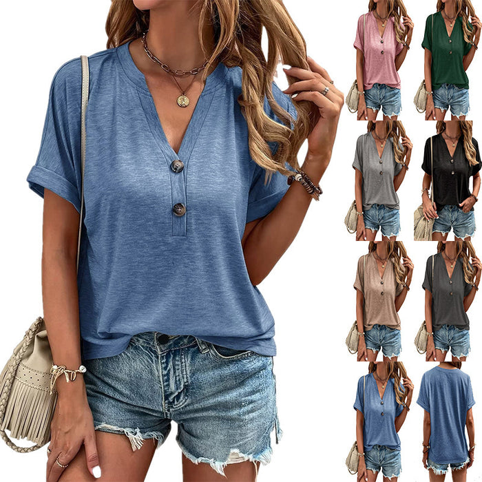 8 Colors Spring Summer Women Clothing Top Solid Color Button Short Sleeve