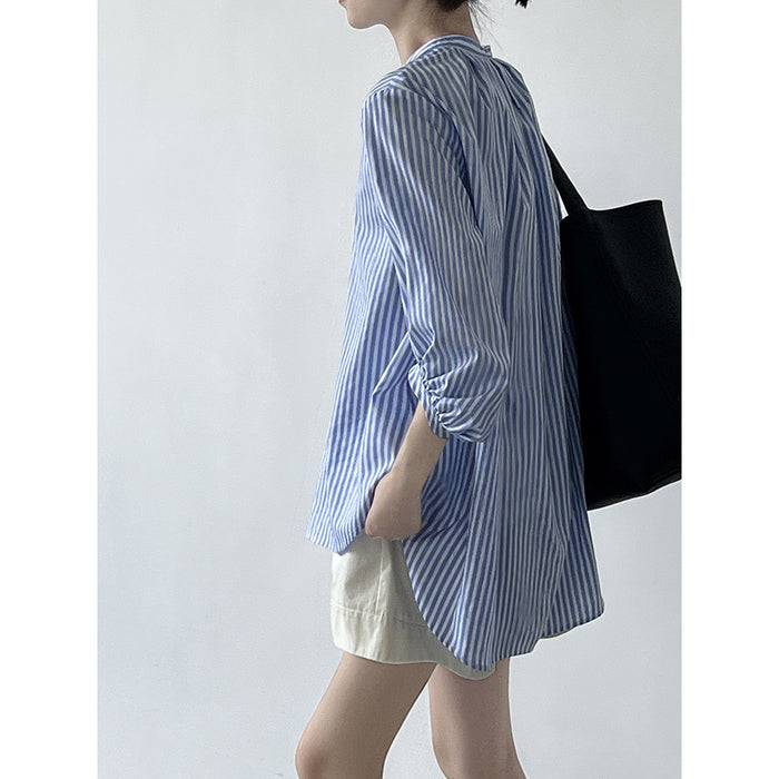 Korean Half Placket Striped Shirt for Women Autumn Stand Collar Long Sleeve Design Blouse