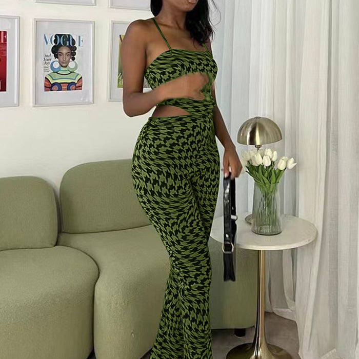 Suit Green Printing Vest Wide Leg Pants Casual Two Piece Suit