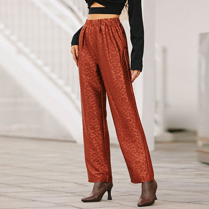 Autumn Sexy Bronzing Leopard Print Elastic Waistband Lace up Loose Wide Leg Pants