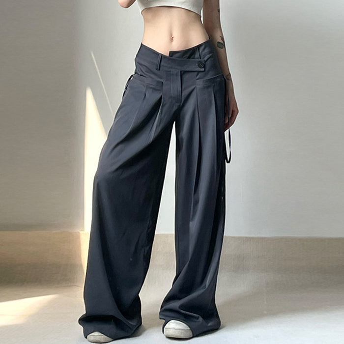 High Street Trendsetter Wear Irregular Asymmetric Waist Design Low Waist Straight Ribbon Loose Drooping Wide Leg Pants