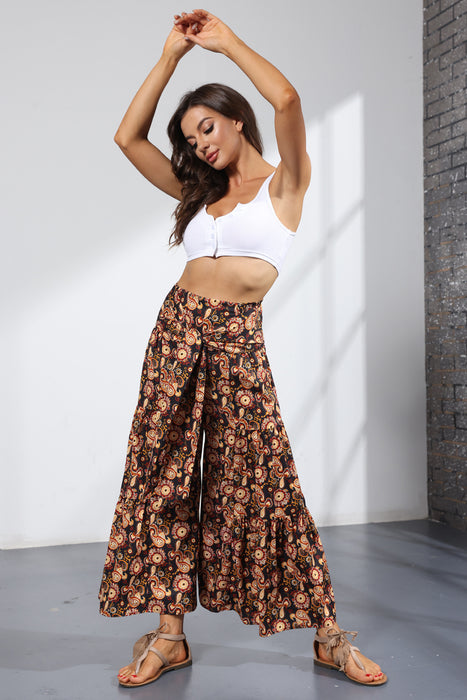 Summer New Digital Printing Women Clothing Loose Casual Cropped Pants Beach Wide-Leg Pants Lace-up Pants