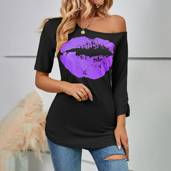 Lip Printings Short Sleeved T shirt Women off Shoulder Irregular Asymmetric Sleeve Length Slim Top Summer