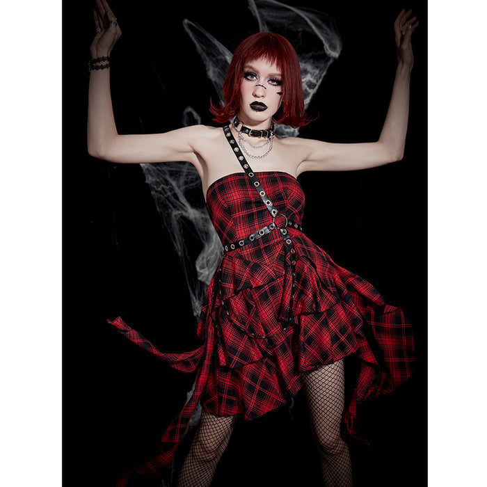 Dark Women Dress Autumn Sweet Cool Plaid Sexy Irregular Asymmetric Tube Top Hallowen Gothic Dress