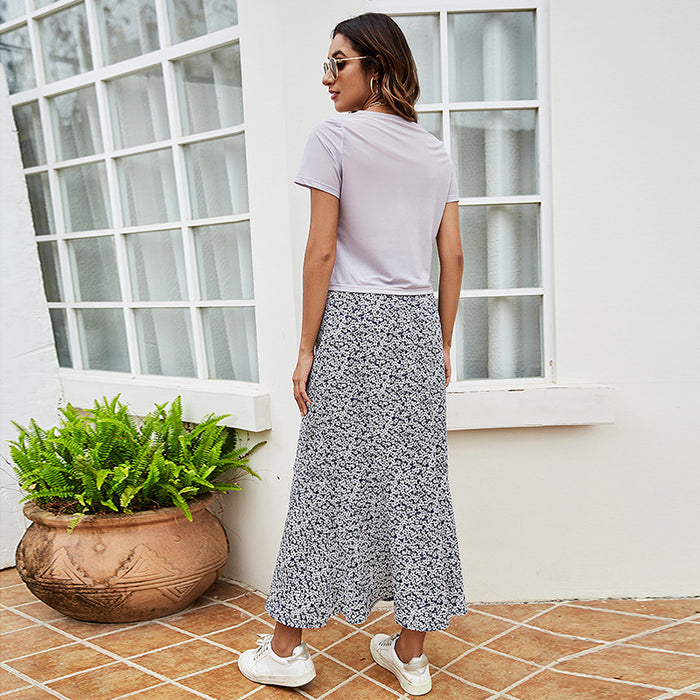 Summer Thin Women Fresh Sweet Loose A- line Skirt Fashionable High Waist Floral Skirt Mid-Length Skirt