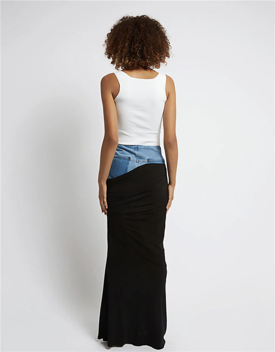 Modern Deconstruction High Waist Skirt Women Spring Black Color Pleats Stitching Design Long Denim Skirt