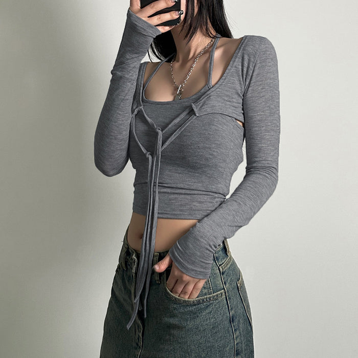 Sexy Solid Color Long-Sleeved T Shirt Two Piece Sling Women Outerwear Cover Up Blouse Halterneck Vest Bottoming Top