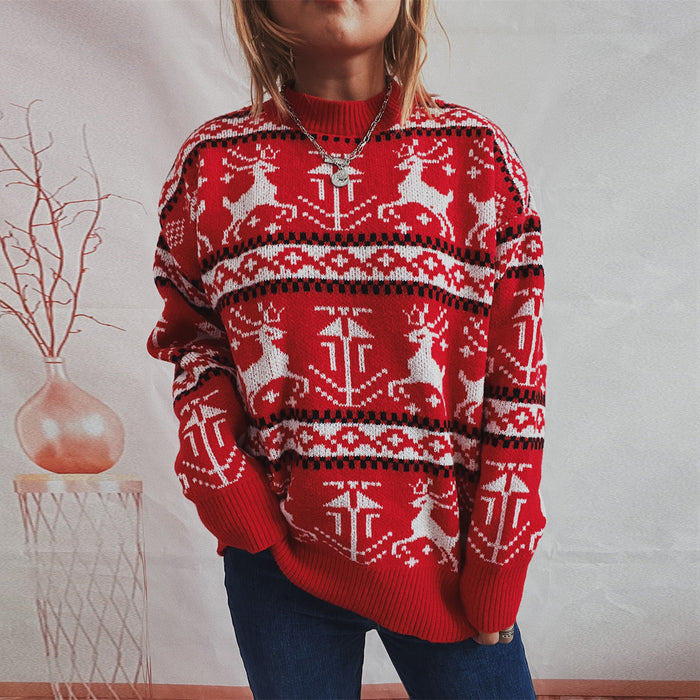 Autumn Winter Christmas Sweater Round Neck Long Sleeve Elk Pattern Knitted Pullover Top for Women