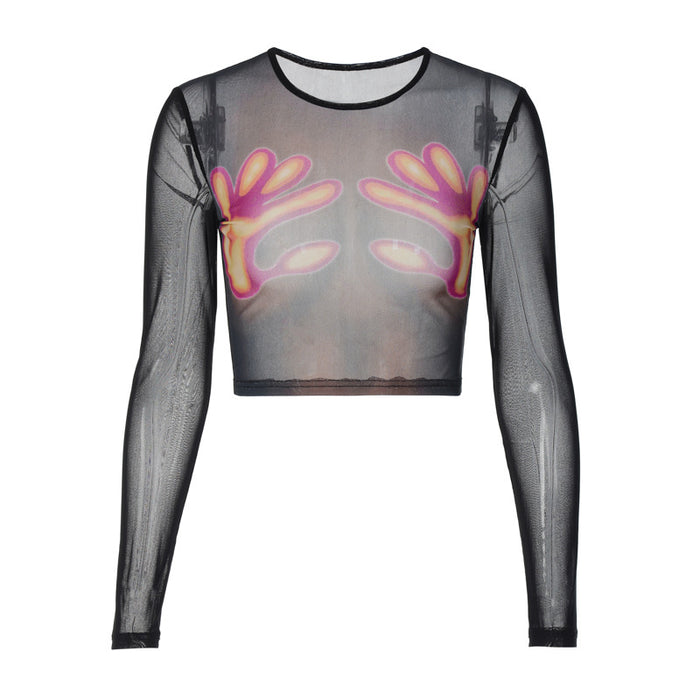 Autumn Printing Slim Fit round Neck Long Sleeves See through Mesh T shirt Top Women