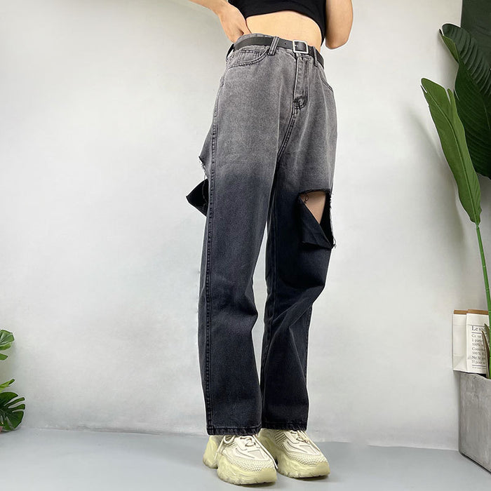 Street Hipster Gradient Color Stitching Ripped Jeans Straight Leg Pants Fashionable Wide Leg Pants