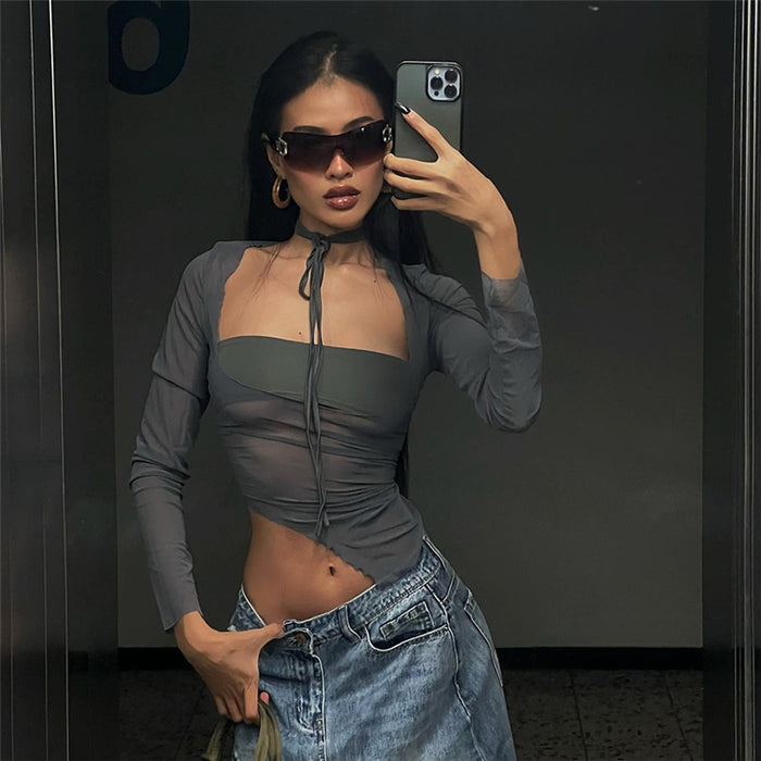 Spring Women Clothing Long Sleeve Square Neck Slim Fit Cropped Voile See Through T Shirt