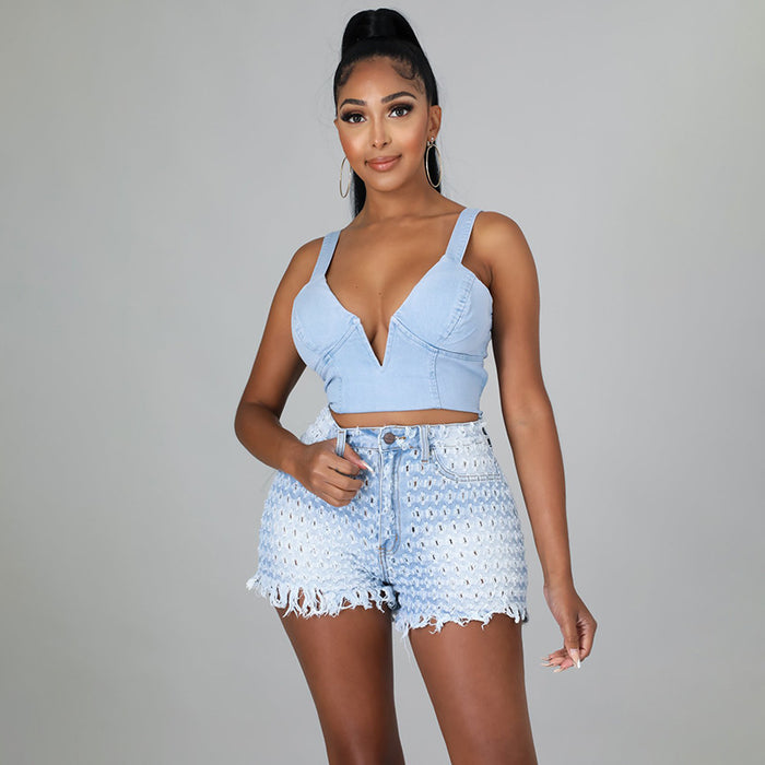 Hollow Out Jeans Women Sexy Trendy Light Color Water Scrubbing High Waist Loose Wide Legs Shorts