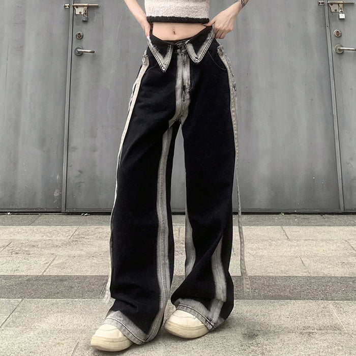 Casual Low Waist Flanging Tie Dyed Contrast Color Jeans Trendy Belt Slimming Straight Pants Trousers