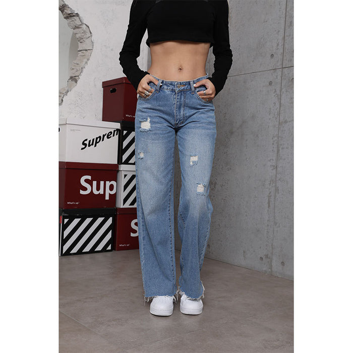 Spring Washed Denim Women Casual Jeans Loose High Waist Denim Trousers Elegant Trousers