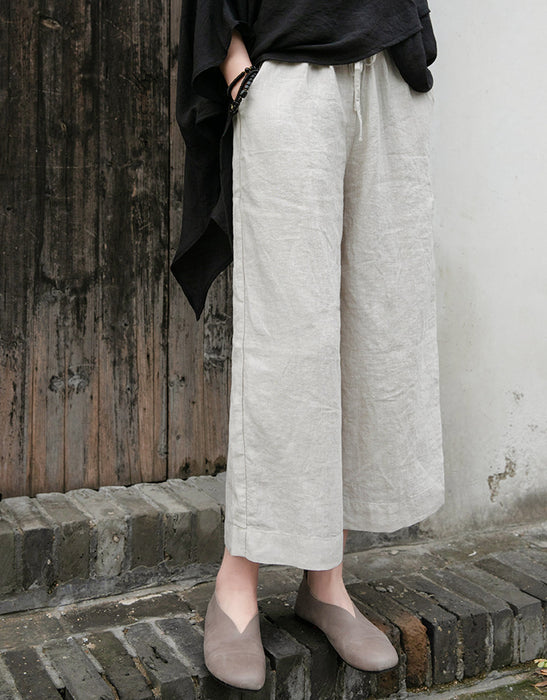 Spring Summer Cotton Linen Women Artistic Washed Lace up Linen Casual Straight Through Cropped Pants Women Cotton Linen Wide Leg Pants