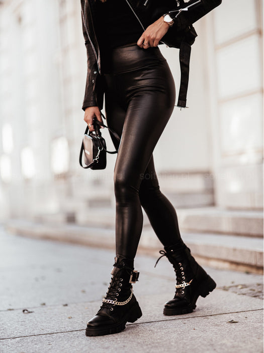 Leather Women Leggings Classic Black High Waist Faux Leather Pants