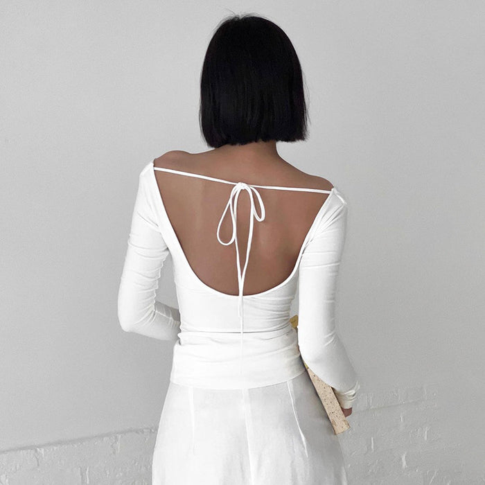 Simple Solid Color Sexy Backless Lace up Slim off Shoulder Long Sleeve T shirt Top