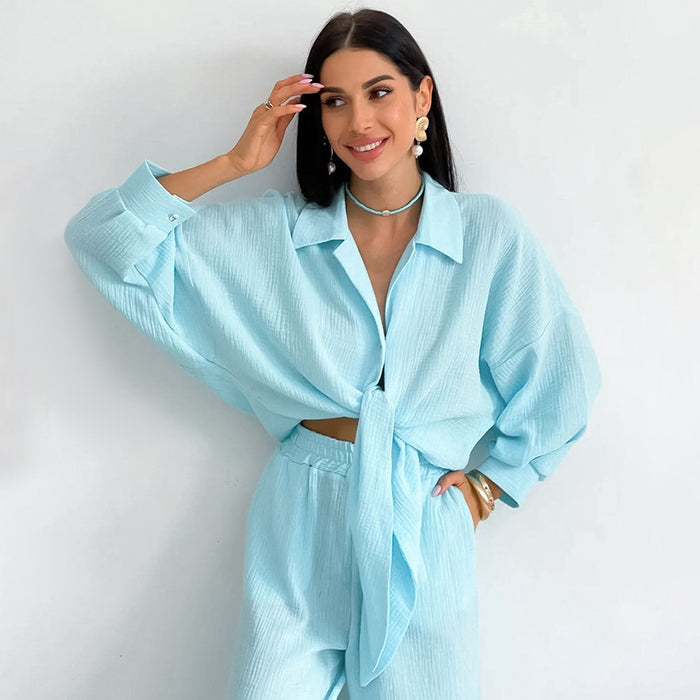 Autumn Double Layer Gauze Pajamas Set Loose Wide Leg Pants Sweet Ladie Homewear Can Be Worn outside