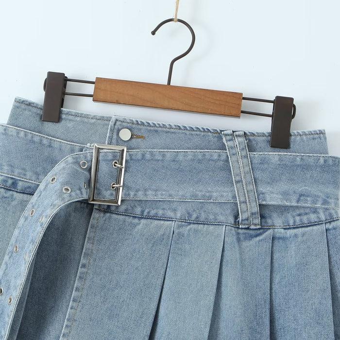 Summer Pleated Denim Skirt Belt Sexy Skirt