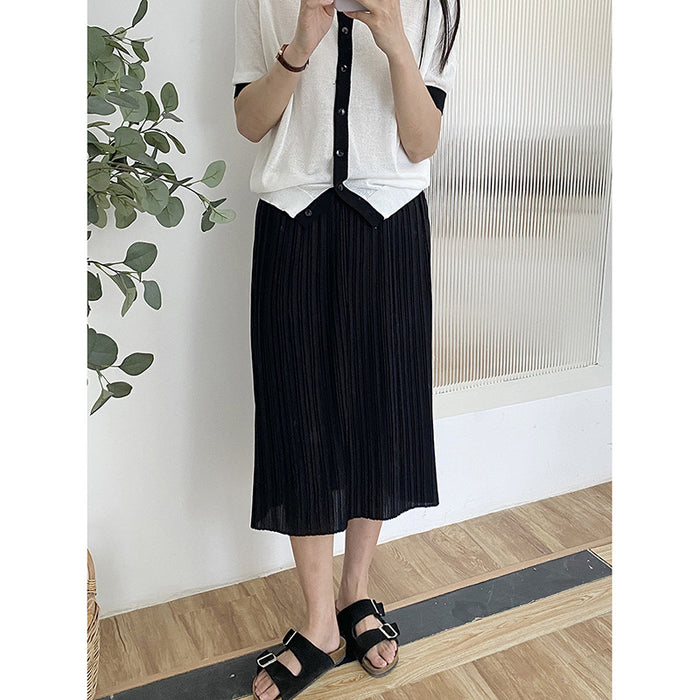 Back Slit Organ Pleated Skirt for Women Summer High Waist Slimming Pleated Skirt