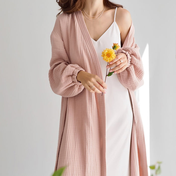 Early Spring French Solid Color Cardigan Nightgown Double Layer Gauze Full Cotton Casual Home Pajamas Women Cotton