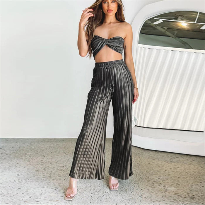 Spring Summer Pleated Sexy Suit Women  Cropped Sleeveless Adjustable Vest Casual Pants Two Piece Set for Women