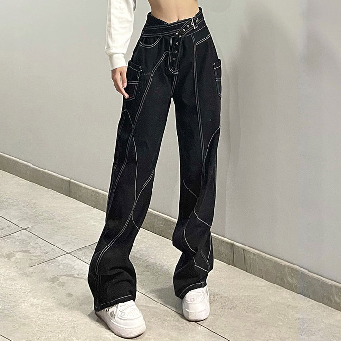 Women Unique Design Bright Line Denim Straight-Leg Pants Loose Wide Leg Mop Pants Low Waist Slimming Trousers